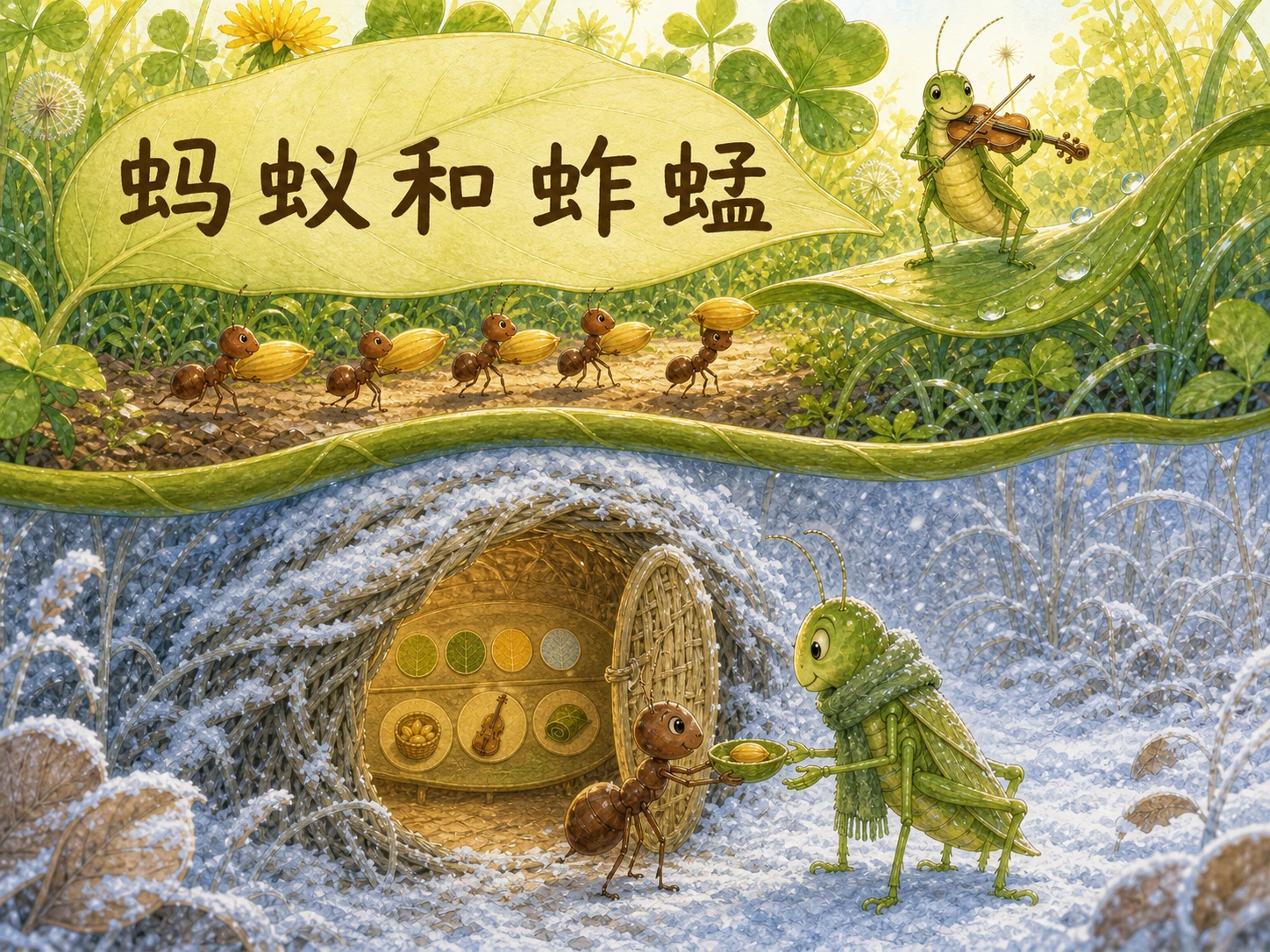 《蚂蚁和蚱蜢》封面：粗叶脉分隔金绿夏日和蓝白冬日；夏侧蚱蜢演奏、蚂蚁搬粮，冬侧蚂蚁在暖光小屋门口向蚱蜢分享一餐，屋内保留无字计划板。