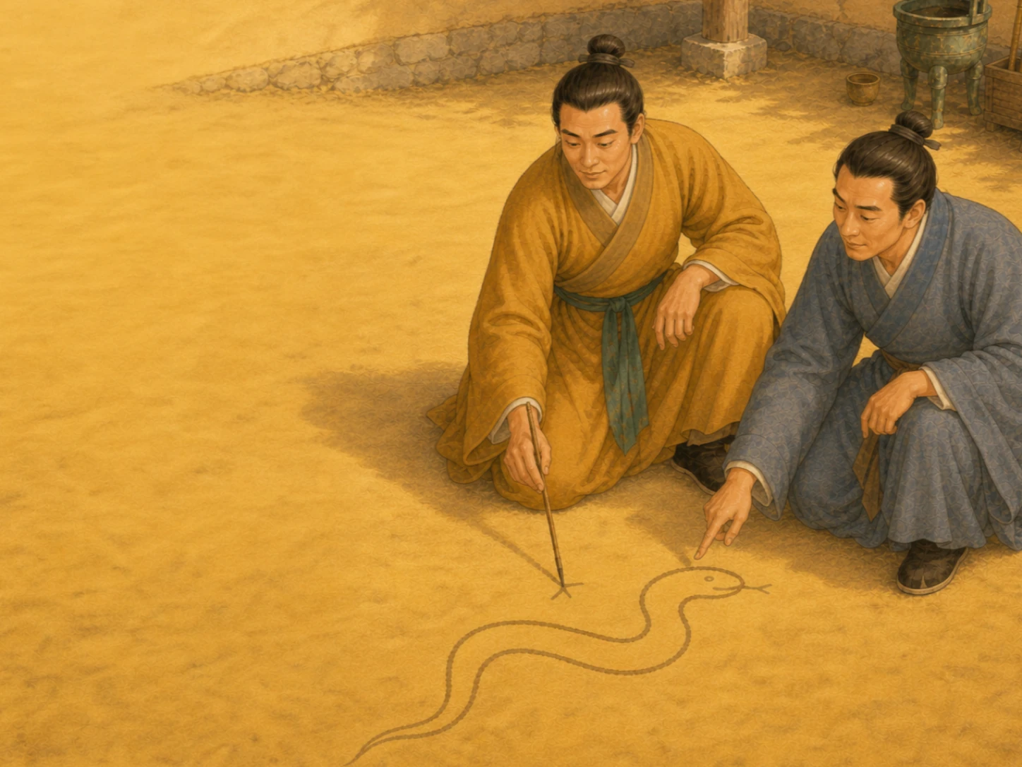 画蛇添足封面：赭石庭院里，成年舍人停笔看着刚被添上一只脚的地面蛇图。