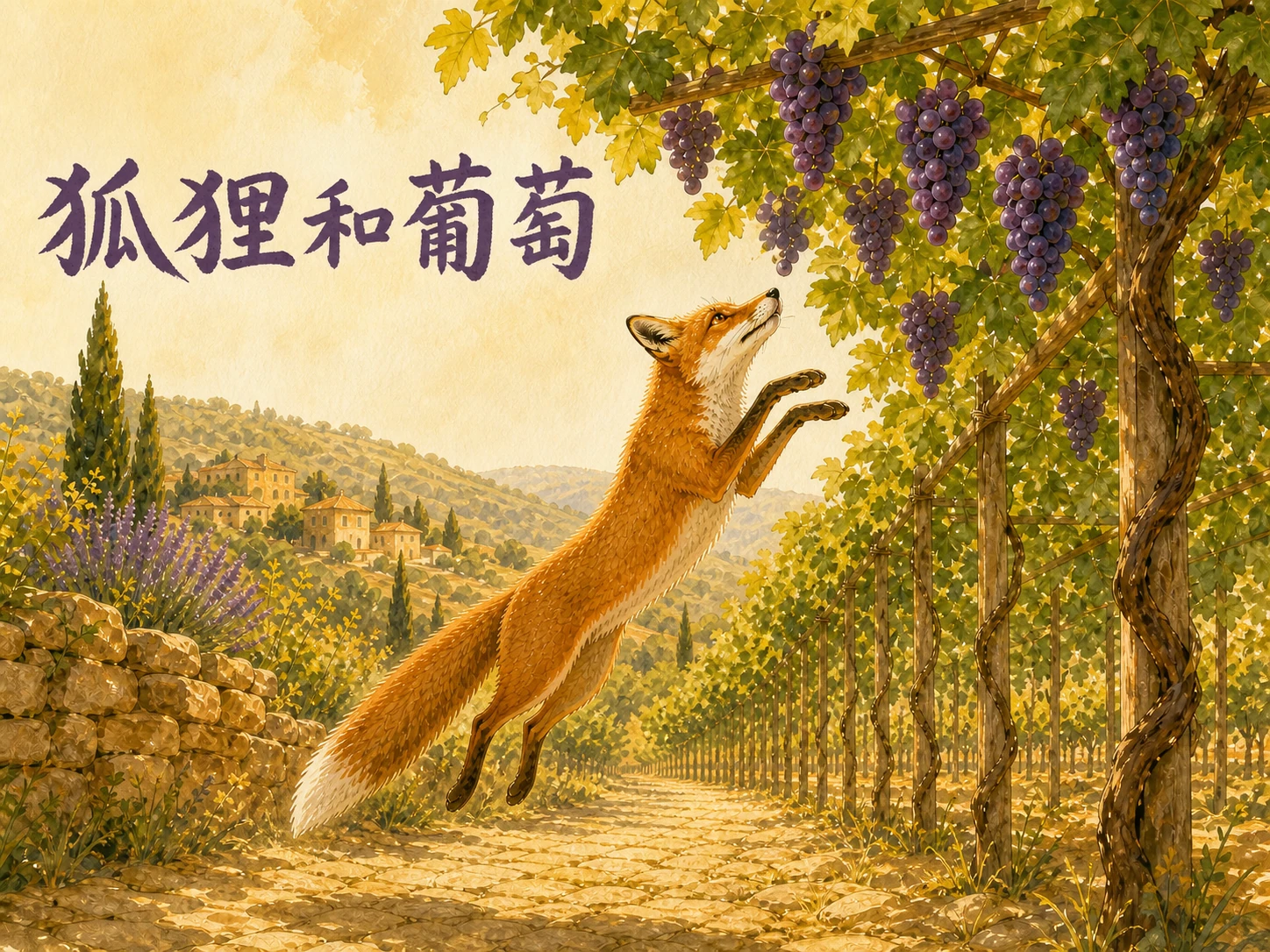 狐狸和葡萄封面：南欧葡萄架上悬着饱满紫葡萄，狐狸从下方跃起却仍差一点，眼神期待而非贪婪。
