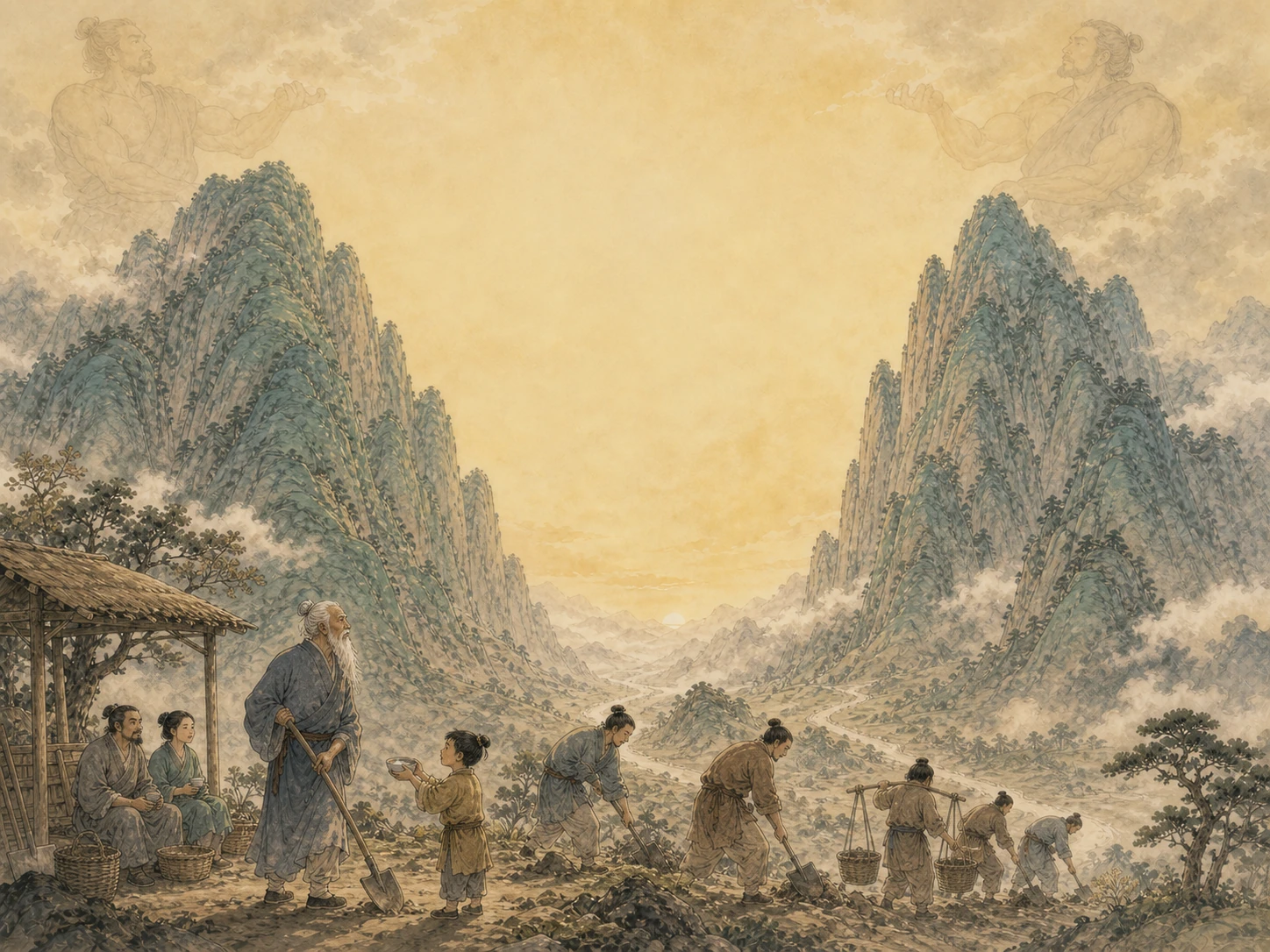 愚公移山封面：太行山和王屋山高耸在远方，白发长须的愚公带着家人站在蜿蜒山路前，云中恰有两个大力神剪影。
