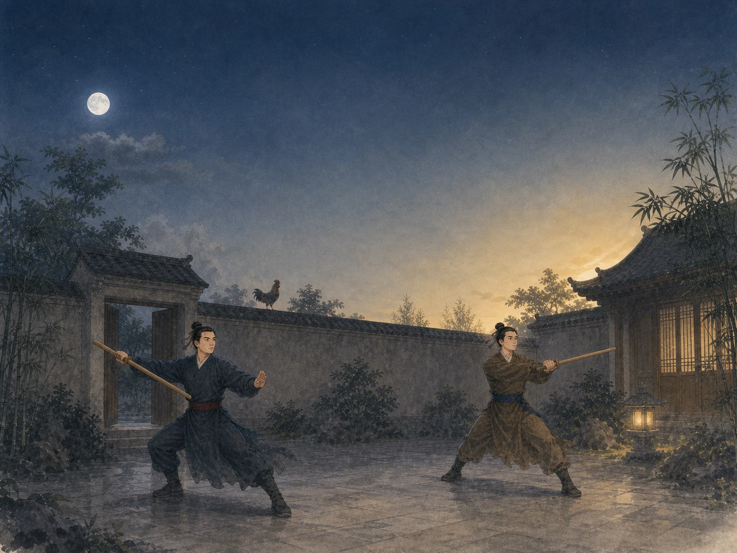 闻鸡起舞封面：魏晋瓦院的冷青月色中，青年成人祖逖与刘琨保持安全距离，使用木质无锋圆钝练习剑有序练习；屋脊公鸡迎向东方第一线金光。