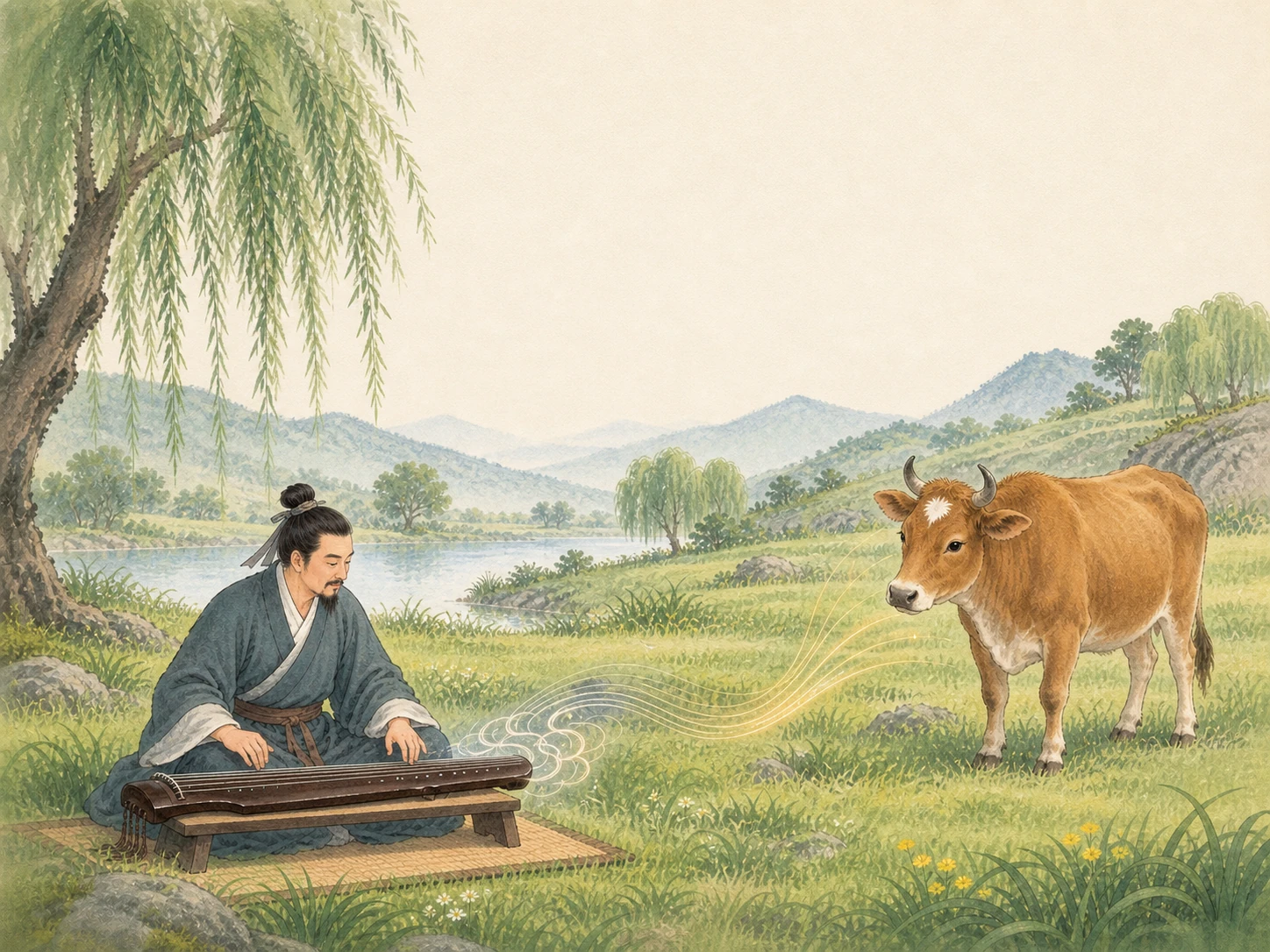 对牛弹琴封面：青绿草地上，公明仪席地弹古琴，黄牛从吃草中抬头竖耳，云纹、细密振纹和温暖弧线表现三类不同声音。